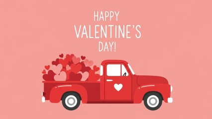 Vintage red truck loaded with hearts for Valentine's Day celebration