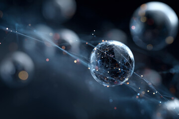 A series of small spheres are scattered across a dark background