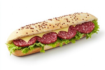 Long crusty submarine sandwich with salami slices, melted cheese, and fresh green lettuce, isolated on white background