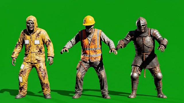A video showcasing three unique zombie characters in different costumes standing against a green background, A group of zombies video