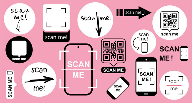 QR code scan icon set with smartphone frames. Modern mobile scanner design, Scan me template for digital payment app, shopping label, barcode recognition technology Vector phone scanner, barcode frame