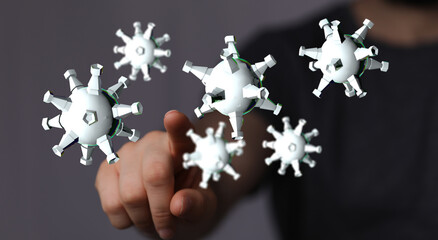 Visual representation of the coronavirus touching a fingertip, symbolic of science, medicine, and disease cont