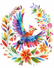 Obraz premium Colorful Watercolor Bird in Flight with Otomi Folk Floral Wreath – Vibrant Mexican Folk Art Illustration
