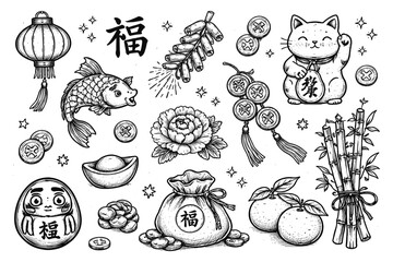 Obraz premium Traditional asian symbols in detailed black and white sketch style