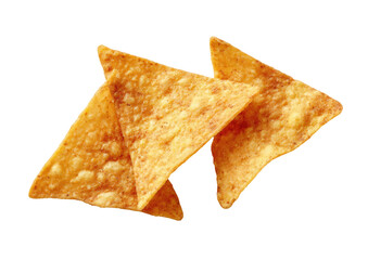 Two triangular tortilla chips, slightly overlapping,  display a golden-brown, seasoned surface