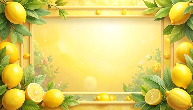 Fresh aesthetic citrus border with lemon fruit and leaves creating a natural frame on a sunny background