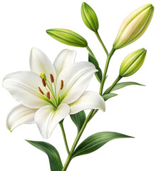 Obraz premium Delicate and pristine white Asiatic lily flower with vibrant green stems and leaves, rendered in a realistic botanical illustration style, gracefully blooms and, isolated on transparent background.