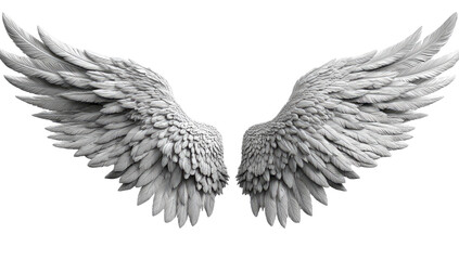 Obraz premium Pair of large, detailed angel wings. Light gray feathers, detailed structure, isolated on black