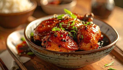 Delicious glazed chicken drumsticks garnished with fresh green onions and sesame seeds, served with white rice