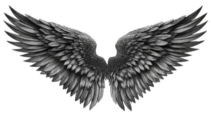 Obraz premium Pair of large, detailed wings in grayscale. The wings, with intricate feather patterns, are spread wide, evoking a sense of power and freedom