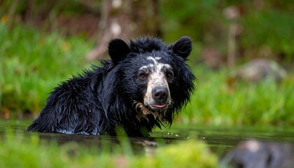 Fototapeta premium Andean bear in a pond, looking at the camera.