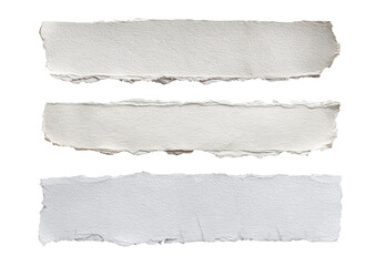 Three horizontal strips of torn, off-white paper.  The edges are uneven and slightly frayed, giving a handmade look.  A slightly textured surface is visible.  Blank, ready for content