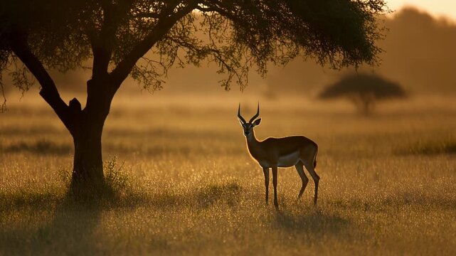 A serene antelope stands under a tree in a sunlit savannah landscape at dawn.