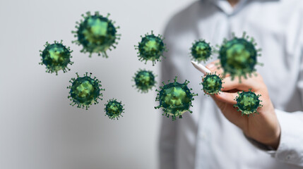 An illustration depicting the Coronavirus concept with a person interacting with digital virus models, symboli