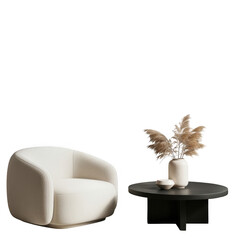 Modern living room setup with armchair and table isolated on transparent background