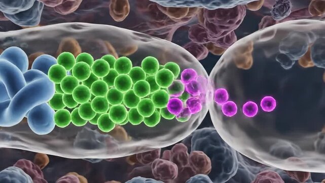 Animated microscopic view of enkephalin synthesis in interneurons