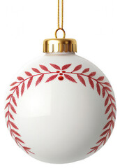 Elegant spherical Christmas ornament crafted from smooth, white porcelain with delicate red botanical illustrations encircling its form, suspended by golden, isolated on transparent background.