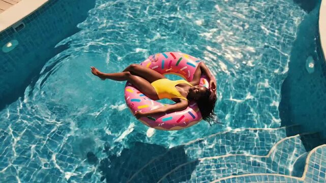 Woman relaxing on a donut float in a sunny pool