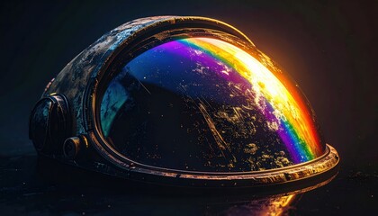 Astronaut Helmet with Rainbow Earth View in Space