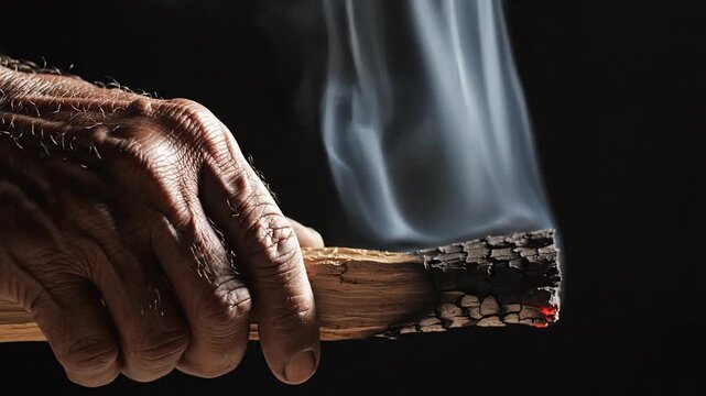 Close up of smoldering wood in hand emitting smoke against dark background