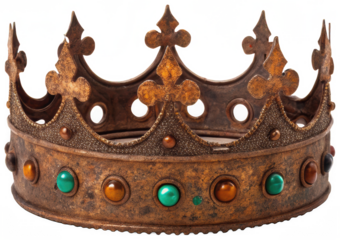 A weathered and antique-looking medieval crown, crafted from a textured bronze-like metal with a distressed finish and adorned with decorative quatrefoil and, isolated on transparent background.