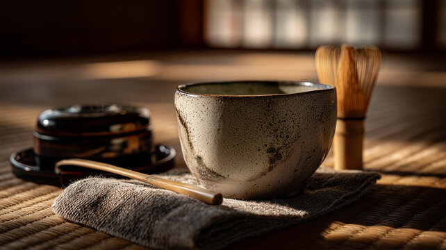 木灰釉の茶碗と道具、夕方の柔らかな光で抹茶を点てる女性の情景