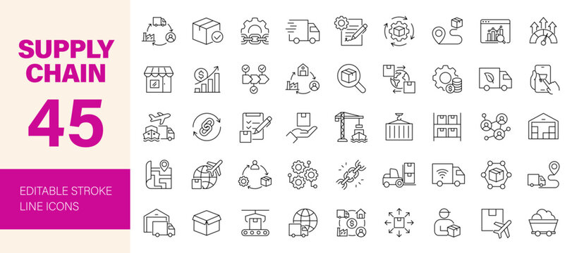Supply chain icon set. Editable line icons. Vector illustration.	