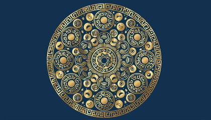Fototapeta premium Intricate golden circular mandala with detailed patterns and symbols.
