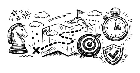 Strategic planning concept with map, chess knight, stopwatch, target, and shield icons