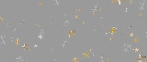 Abstract background featuring golden stars and snowflakes on a gray backdrop. Perfect for holiday th