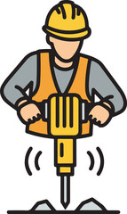 Construction Worker with Jackhammer Flat Vector for Roadwork Maintenance, industrial safety manuals, road construction signage, and building demolition project reports.