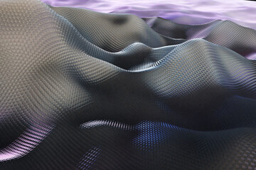 Naklejka premium Abstract 3d digital landscape with wavelike mesh patterns and purple lighting. 3d rendering