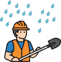 Construction Worker with Shovel in Rain Flat Vector for Weather Safety. weather safety guides, outdoor labor manuals, and construction site signage regarding working in wet or stormy conditions.