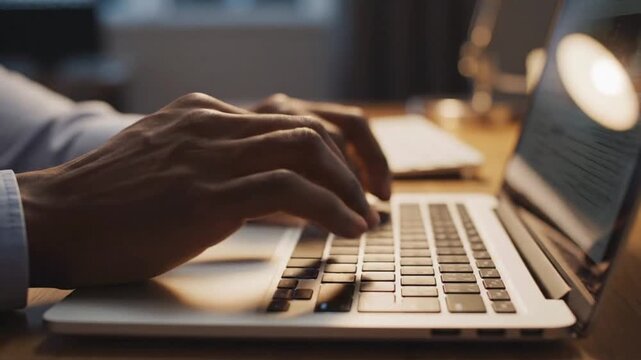 Hands typing on a laptop in a cozy workspace