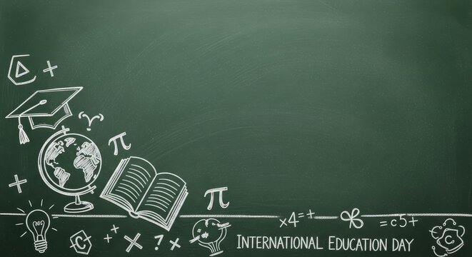 Educational doodles on a green chalkboard featuring various school supplies for an International Education Day concept background. - Powered by Adobe