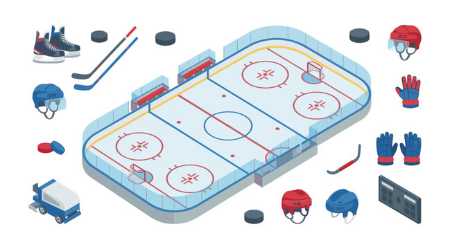 Ice hockey arena equipment isometric set