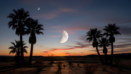 Desert landscape with palm trees and crescent moon at twilight