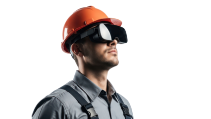 Construction worker with VR headset, isolated on transparent background