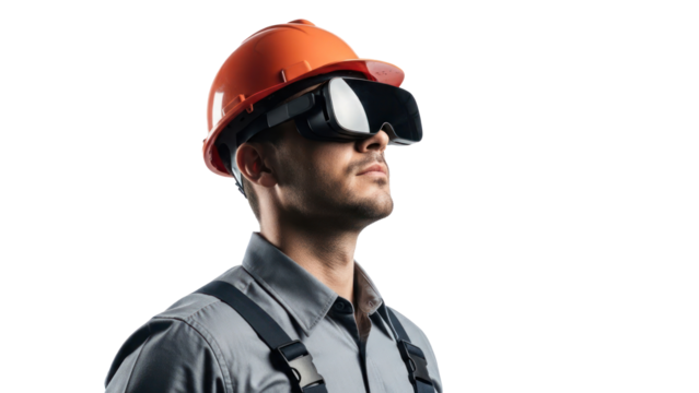 Construction worker with VR headset, isolated on transparent background - Powered by Adobe