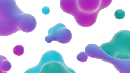 Abstract fluid blobs in vibrant purple, blue, and teal isolated on transparent background