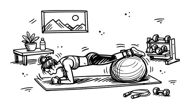 Female fitness enthusiast exercising with stability ball in home gym setting - Powered by Adobe