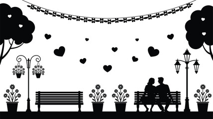 Romantic park silhouette illustration with couple on bench, heart shapes, trees and street lamps, love scene design for Valentine, wedding, and relationship concepts