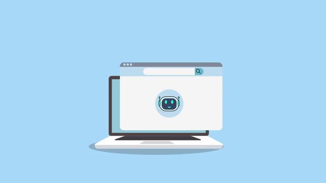 Minimal laptop illustration with a browser-style window and AI chatbot icon, representing web-based assistant, conversational interface, and online support software. Clean flat design for UI and apps.