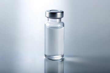 Sterile glass vial with white liquid and metallic cap on reflective surface, ideal for pharmaceutical, clinical, or medical product presentation