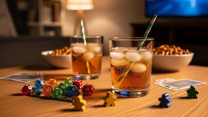 Engaging board game night featuring refreshing iced drinks and snacks on a warm wooden table. Ideal for advertising social gatherings, family entertainment, casual date nights,
