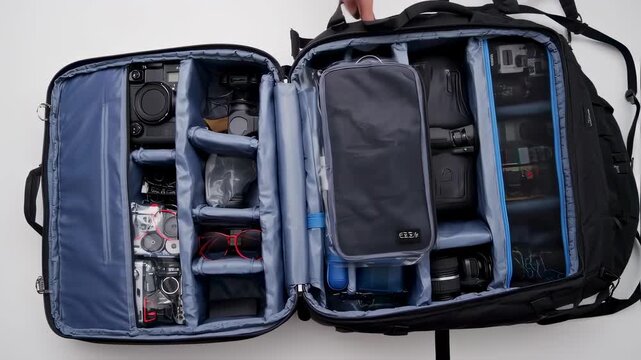 Organized Camera Backpack with Lenses and Accessories.