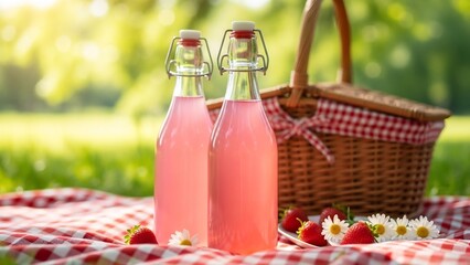 Refreshing pink lemonade bottles on a checkered picnic blanket with strawberries and flowers, perfect for summer picnics, outdoor gatherings, garden parties, healthy lifestyle blogs,