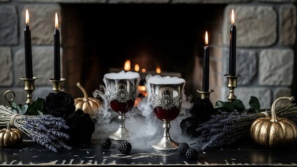 Enchanting Halloween drink scene with smoking gothic goblets, black candles, golden pumpkins, and lavender. Perfect for fall decor, spooky party invitations, mystical event promotions,