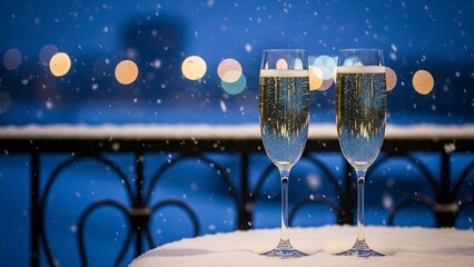 Champagne flutes sparkling on a snowy balcony with enchanting city lights, ideal for New Year's Eve, Christmas, winter holidays, romantic celebrations, luxury event invitations,