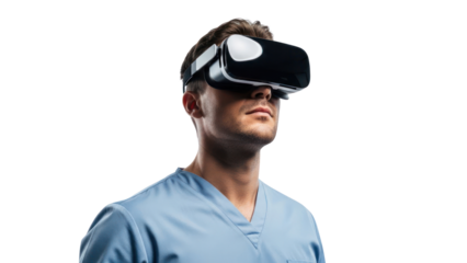 Man in VR headset wearing scrubs, isolated on transparent background